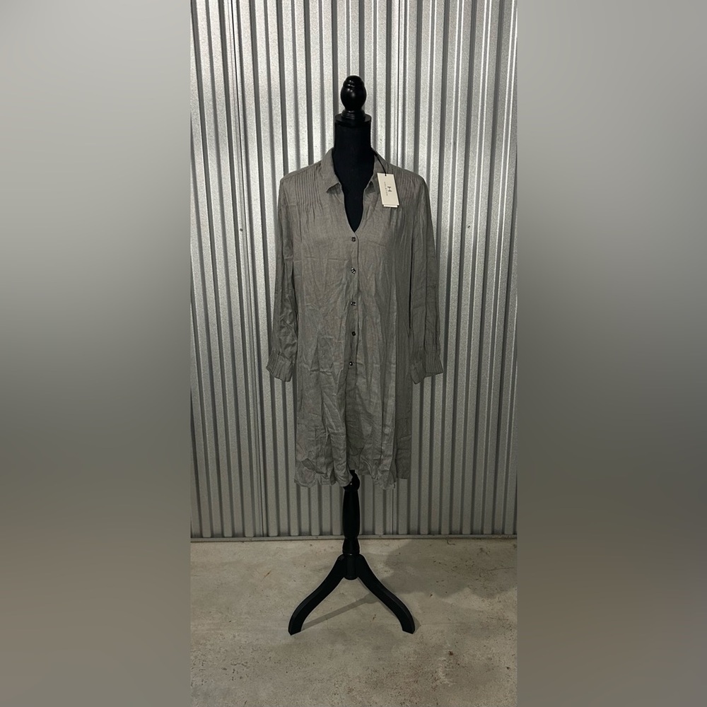 Women’s NWT Halston Gray Viscose Long Sleeve Midi Collared Dress Size Large